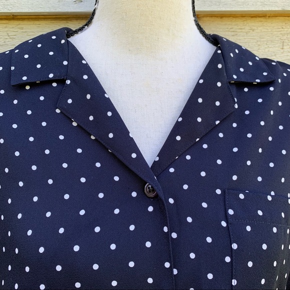 Vintage 90s Black Polka Dot Print Button Down Short Sleeve Collared Popover Top - Picture 8 of 16